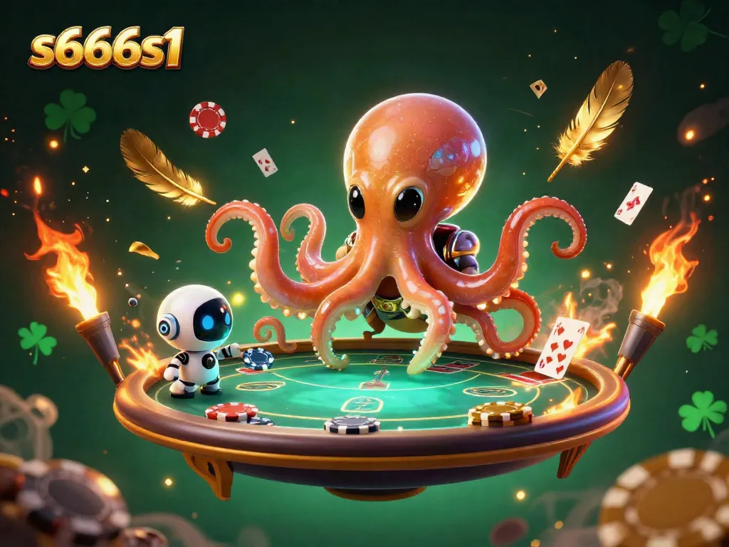 Experience dynamic poker action with s666s1 as a glowing alien octopus and robot engage at a holographic table.