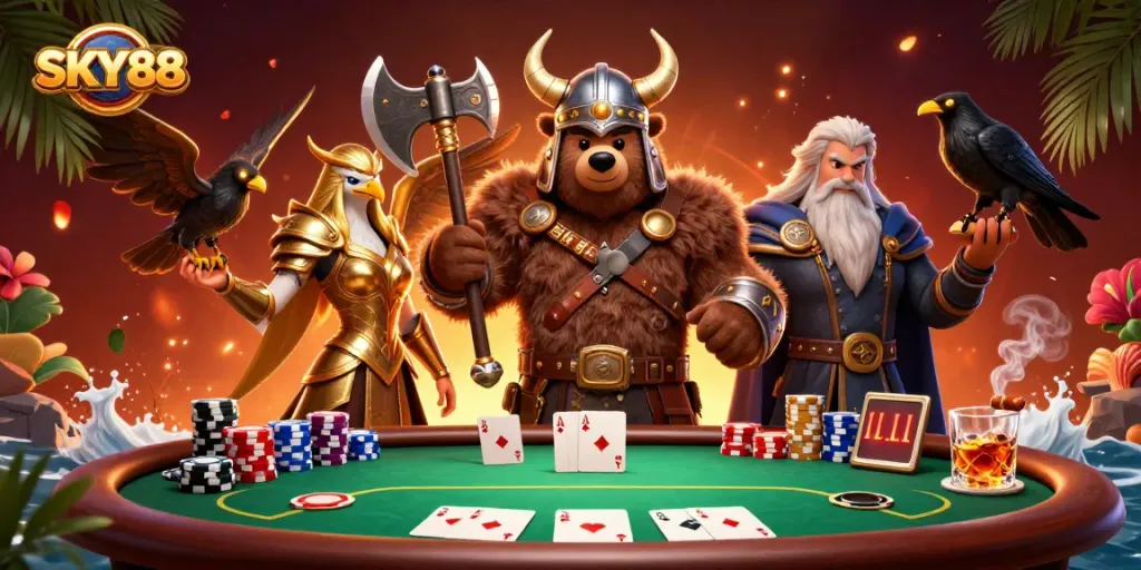 Betting strategic moves at SKY88 enhanced by vibrant characters and dynamic poker elements.