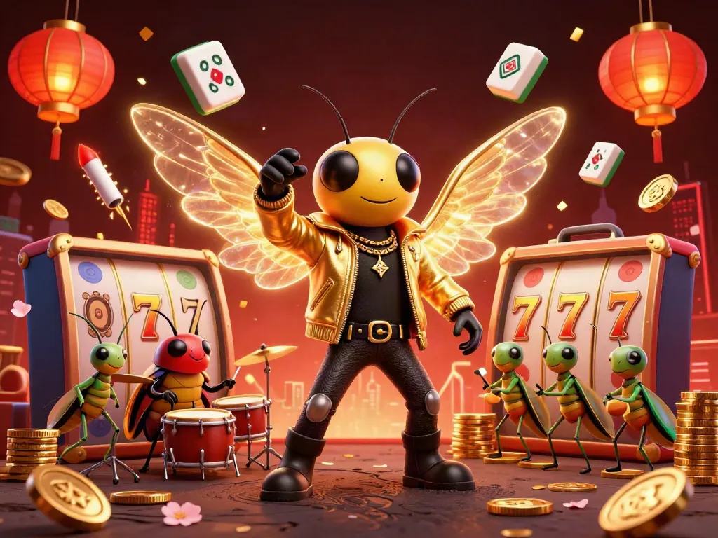 Experience the excitement of xin88 with a lively casino scene featuring a rock star cicada and vibrant game elements.