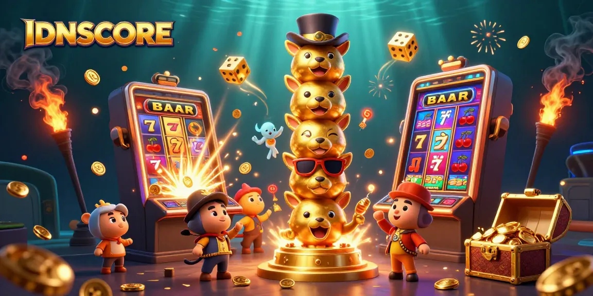 Engage with IDNSCORE's vibrant casino scene featuring golden totem poles and slot machine jackpots.