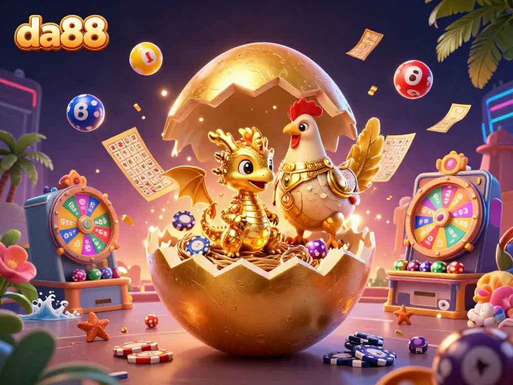 Engage in thrilling gameplay at da88 with a colorful scene of golden treasures and dynamic lottery elements.