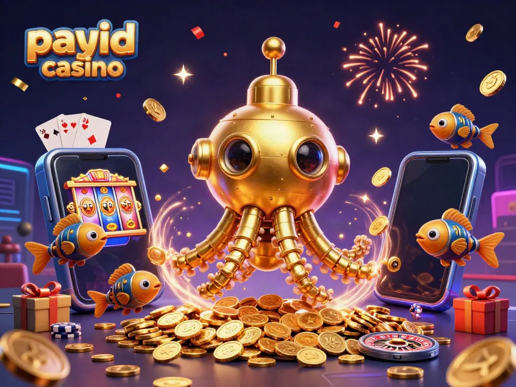 Engage with payid casino fun through dynamic illustrations of gold coins, devices, and festive elements.