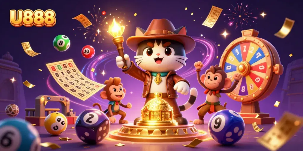 Experience U888 in a vibrant casino scene with dynamic lottery elements and engaging characters.