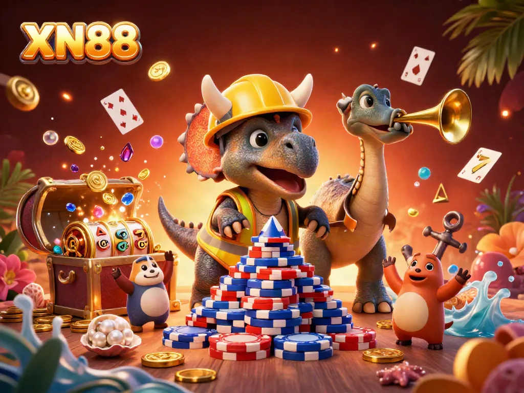 Join the thrilling world of XN88 with a lively 3D illustration featuring joyous characters building poker chip pyramids and celebrating wins.