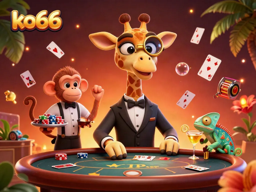 Experience the excitement of ko66 with a vibrant 3D illustration showcasing a gambling scene featuring a giraffe, monkey, and chameleon.