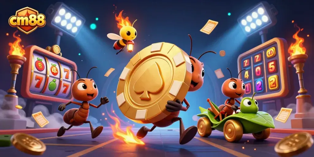 cm88 captures a thrilling underground casino heist scene with ants and golden elements.