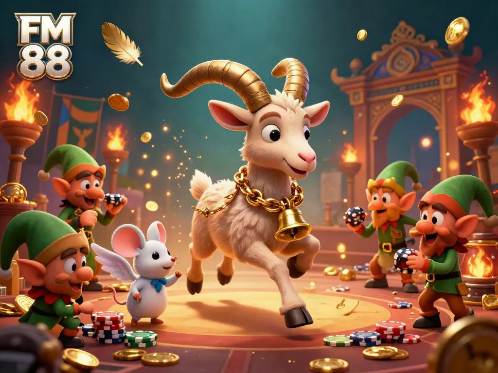 Experience the dynamic holiday casino adventure at FM 88 with Krampus and angelic characters amidst glowing gold coins.