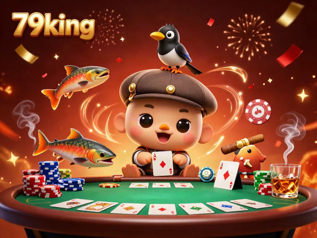 Engage with 79king at a vibrant casino scene featuring cute characters and dynamic gambling elements.