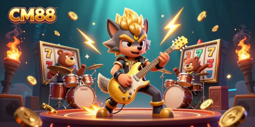 Experience the thrill of CM88 with a vibrant, dynamic casino stage featuring rock star characters and engaging slot game elements.
