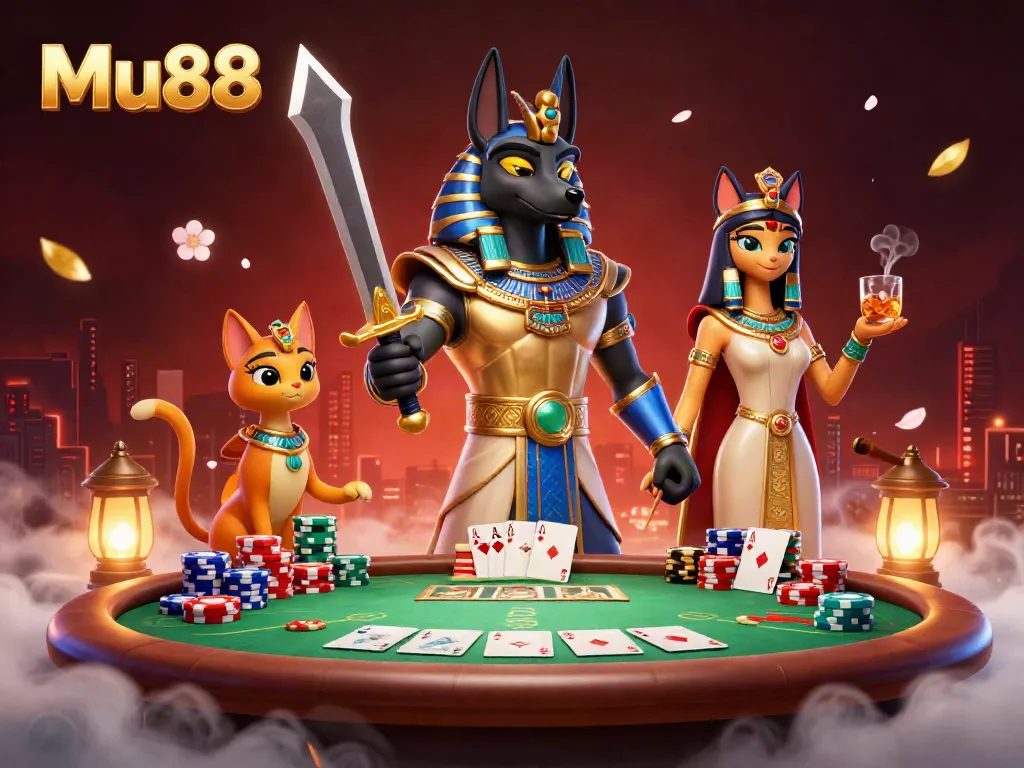 Experience thrilling adventures at Mu88 with a vibrant casino scene featuring Anubis and Bastet.