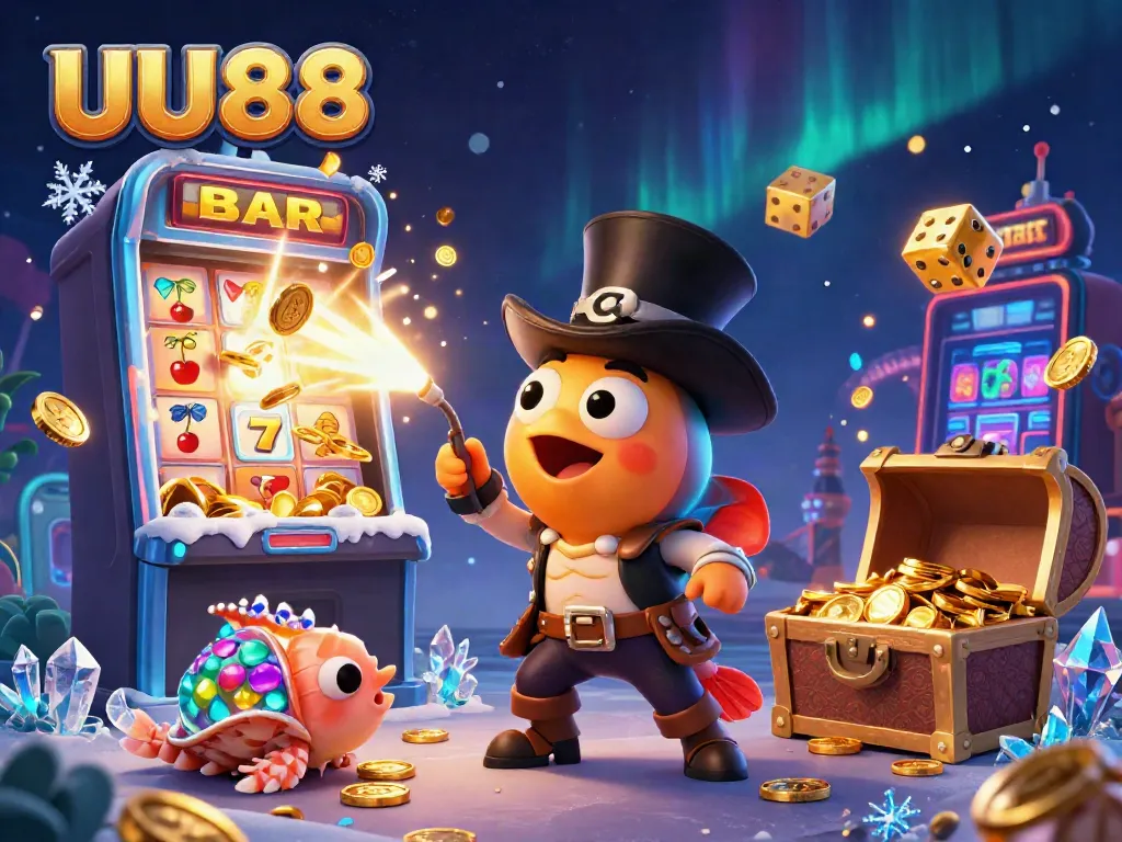 Engage with thrilling games on UU88, featuring a vibrant casino scene with animated characters and rich treasure visuals.