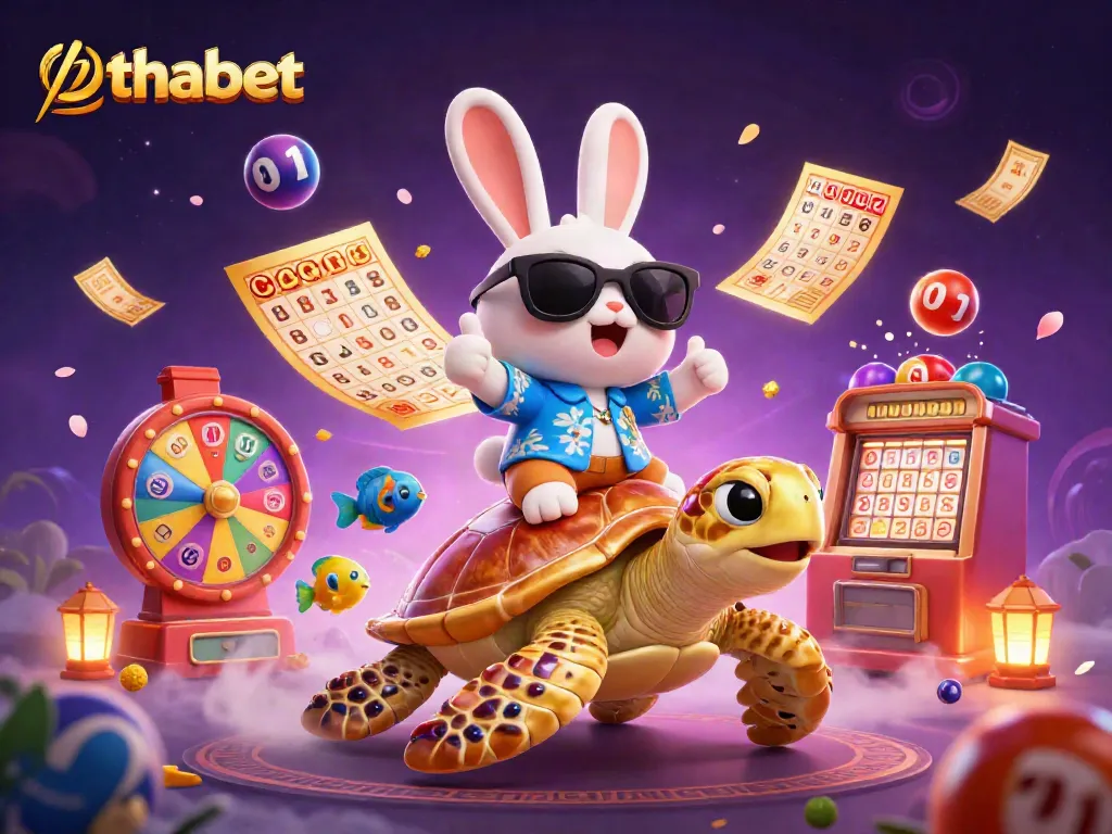 Engage with thabet's colorful casino world featuring a lucky rabbit and golden turtle in vibrant action.