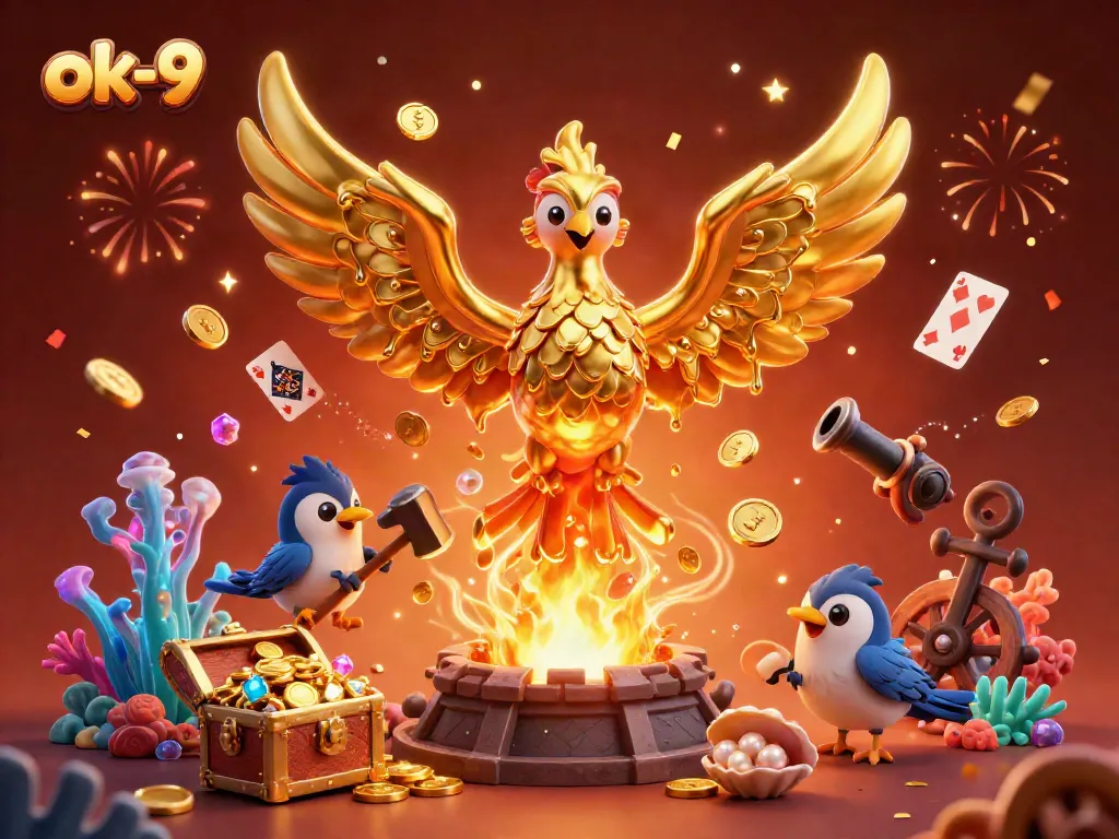 Experience excitement at ok-9 with a golden phoenix soaring amidst treasure in this captivating casino illustration.
