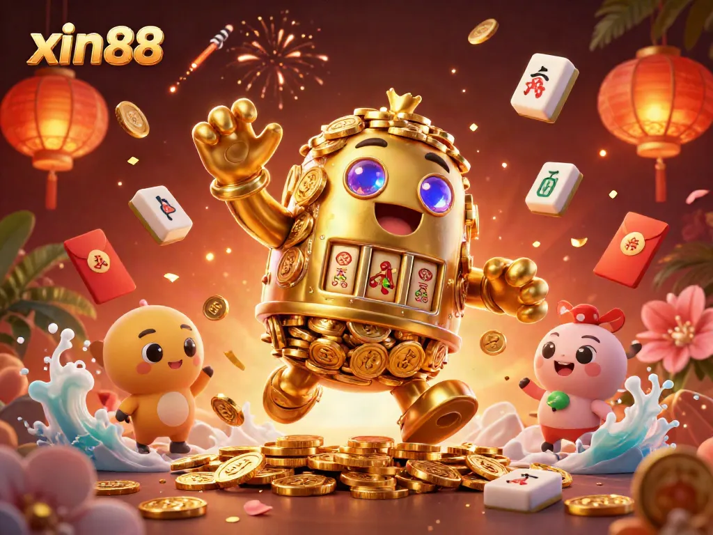 Experience thrilling moments at xin88 with a vibrant 3D scene filled with lucky gaming symbols and a golden golem.