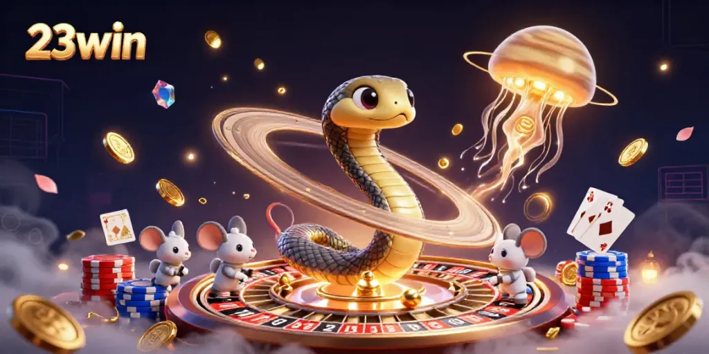 Experience the thrills of 23win with a vibrant cosmic casino scene featuring betting and winning elements.