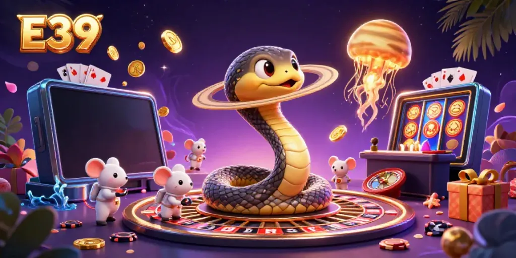 Experience the E39 cosmos with an animated casino scene featuring vibrant betting elements.