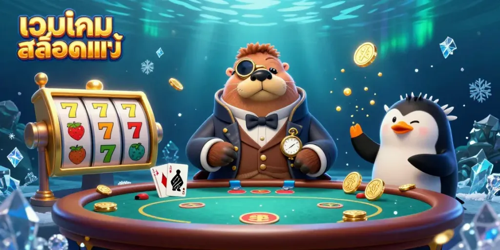 Experience thrilling underwater poker action with the walrus, penguin dealer, and pufferfish as stylish casino elements surround them at เว็บเกมสล็อตแท้.