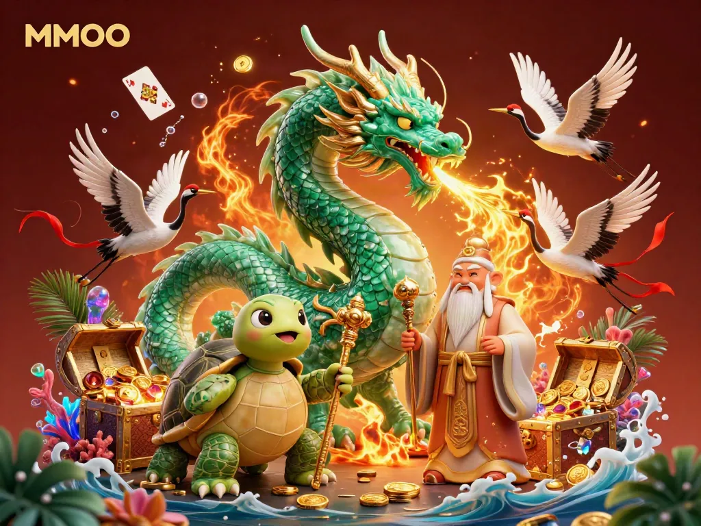 Engage with MMOO's vibrant gaming world featuring dragon, turtle sage, and lucky cranes amidst treasure.