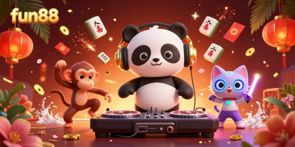 Experience fun88 with a vibrant casino scene featuring a DJ panda and animated characters in a lively setting.