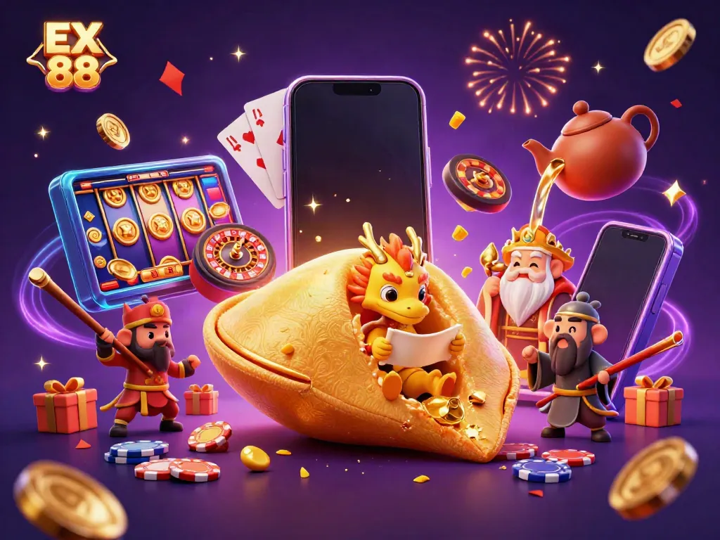 Spin and win with EX 88 featuring a fortune cookie, wise dragon, and vibrant casino elements.