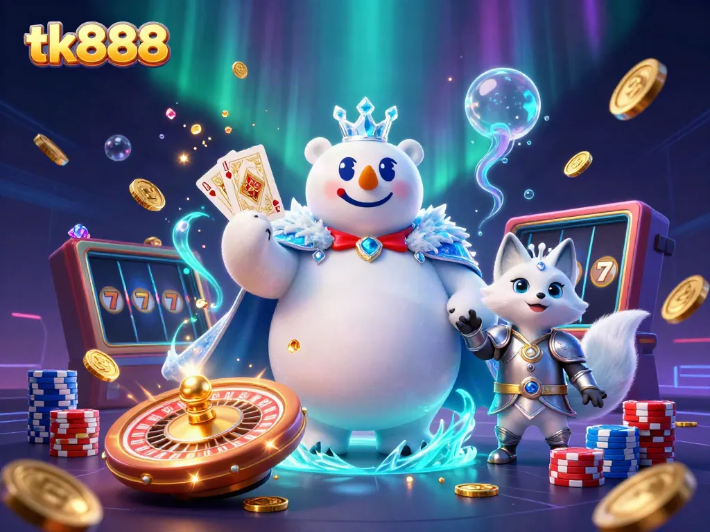Engage with the thrilling atmosphere of tk888 through a vibrant 3D casino scene featuring engaging characters and dynamic game elements.
