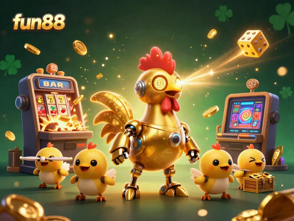 Experience thrilling fun88 moments with the vibrant golden rooster robot and dynamic casino elements.