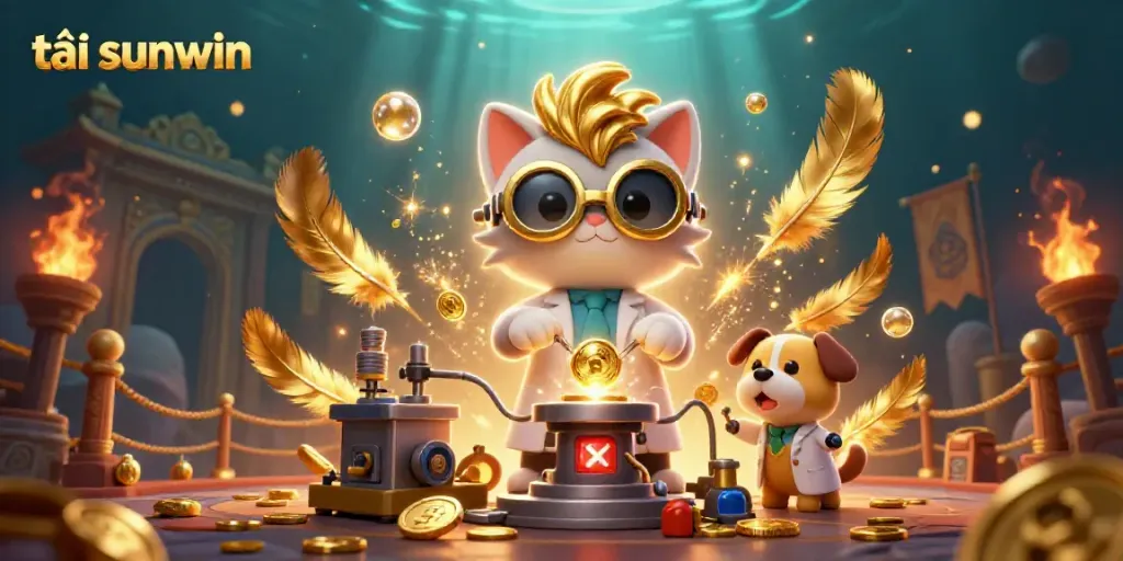 Engage in exciting casino gameplay with tải sunwin, featuring a vibrant, 3D cat scientist and dog assistant in gold-rich environment.