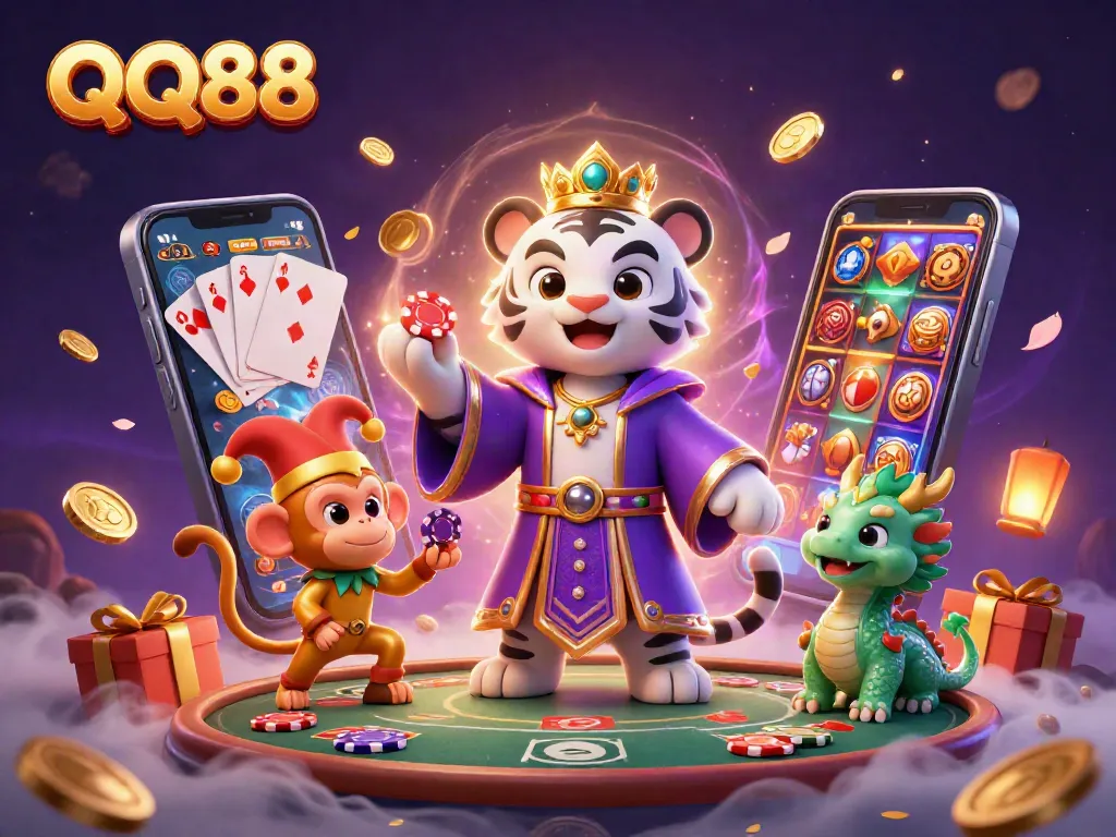Experience QQ88 with an enchanting 3D scene featuring a majestic tiger and vibrant gaming elements.