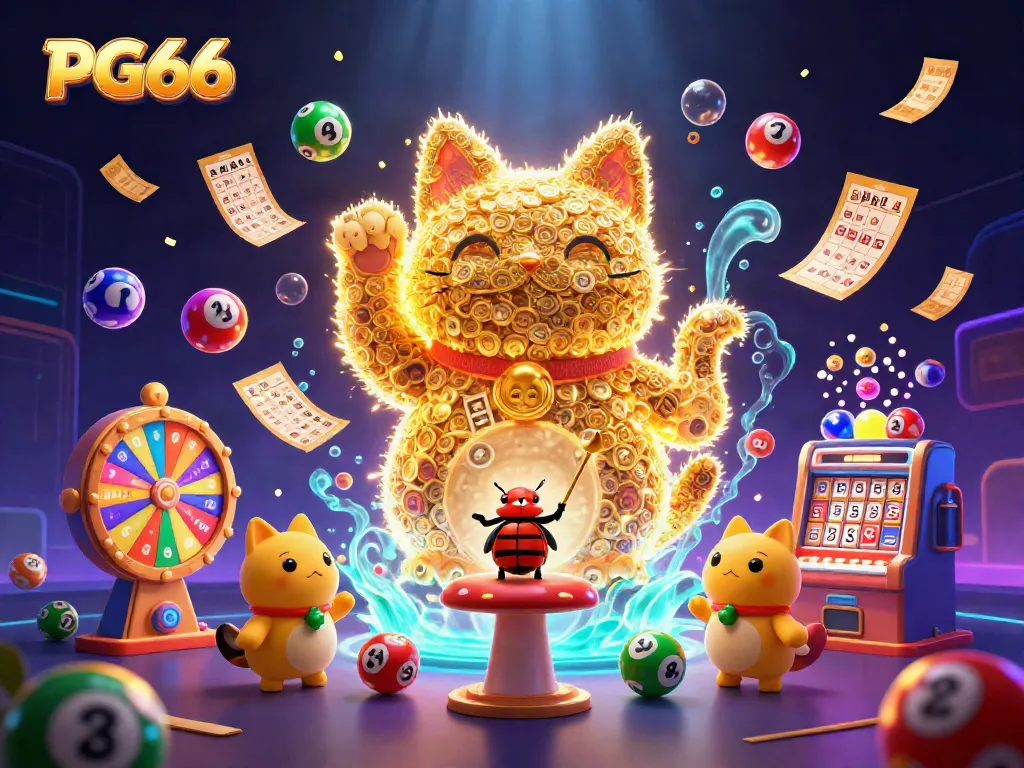 Engage with PG66's vibrant casino world featuring a lucky cat and dynamic game elements.