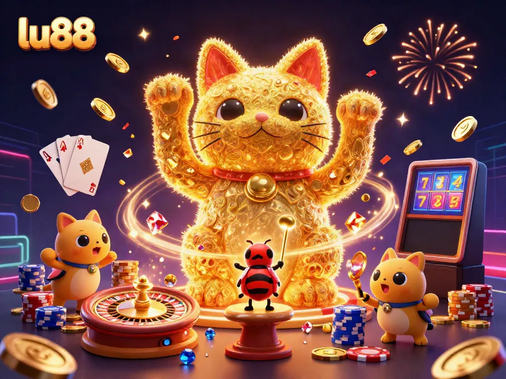 Experience thrilling gameplay at lu88 with a vibrant display of casino symbols, golden coins, and lucky cat.