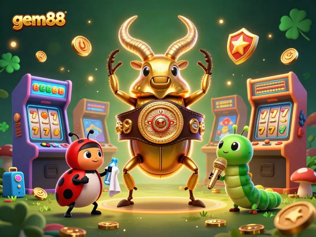 Experience the gem88 showdown in this vibrant illustration with arcade games and casino elements.