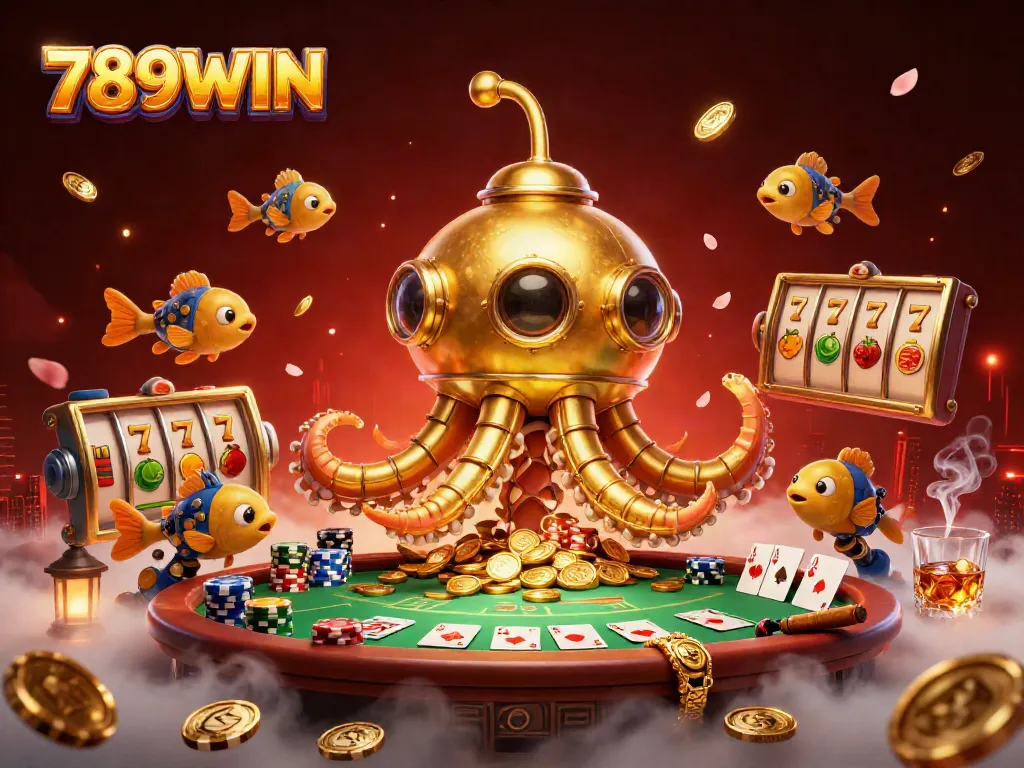 Engage with thrilling gameplay at 789WIN featuring vibrant slot reels and a fantastical golden kraken in action.