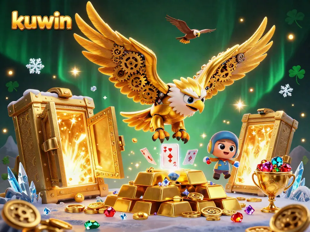 Experience exciting gameplay at kuwin with a dynamic scene featuring a gold eagle soaring through illuminated playing cards while treasure bursts out.