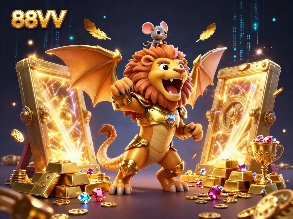 Experience thrilling wins with 88VV in this vibrant casino scene featuring a chimera and treasures.