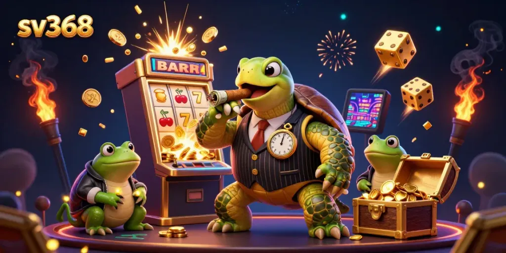 Experience thrilling wins at sv368's lively casino with a cartoon turtle in a mobster suit and dynamic game elements.