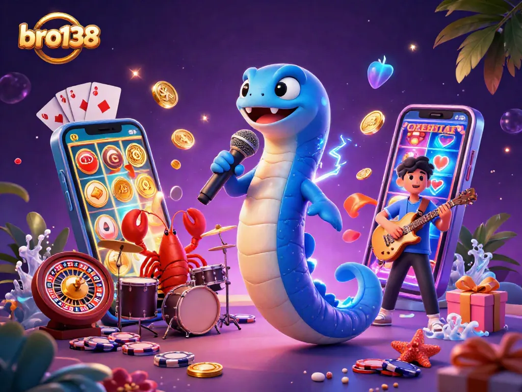 bro138 captivates with lively underwater casino scene featuring a DJ electric eel and vibrant slot game elements.