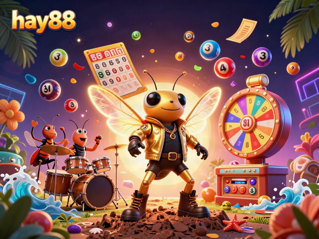 Experience thrilling gaming action with hay88's vibrant casino scene featuring a rock star, drummer, and dynamic elements.