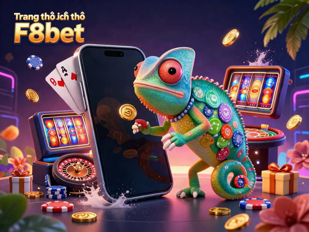 Engage with Trang chủ chính thức F8bet, featuring a vibrant casino scene with a colorful chameleon and dynamic gaming elements.