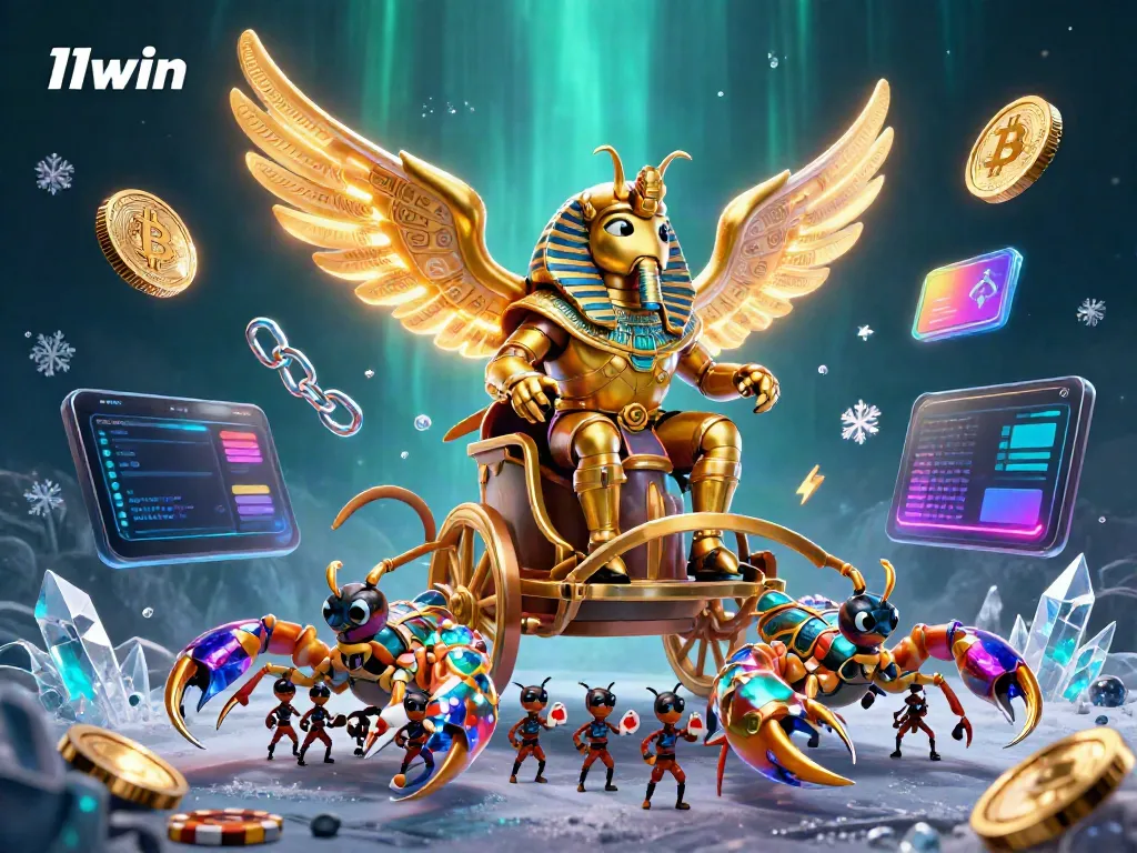 Join the excitement at 11win with the golden scarab beetle and mesmerizing crypto elements!