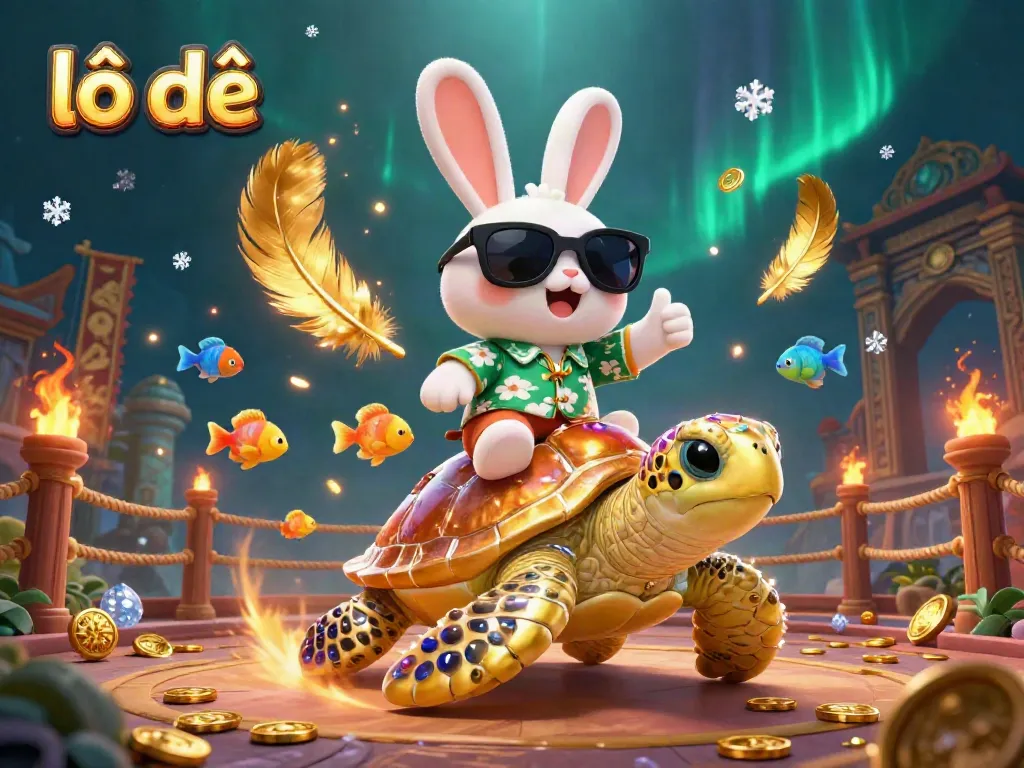 Win big with lô đề in this vibrant 3D scene featuring a lucky rabbit and sea turtle.