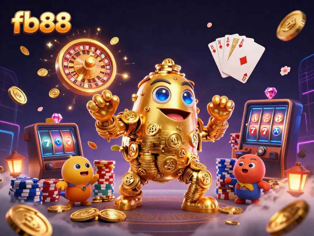 Spin to win with fb88 in an ultra-detailed 3D casino scene featuring a golden golem, vibrant jackpots, and exciting game elements.