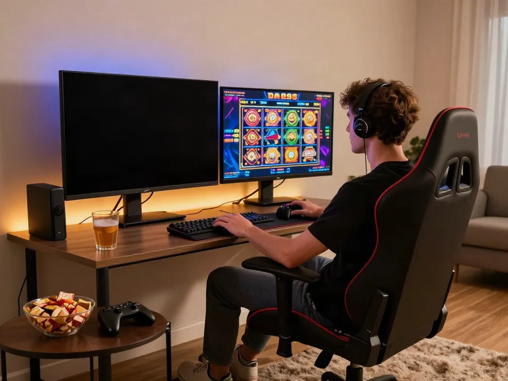 Enthusiastic player enjoying vibrant slot games at https://da88z.net/ in a modern home setup.
