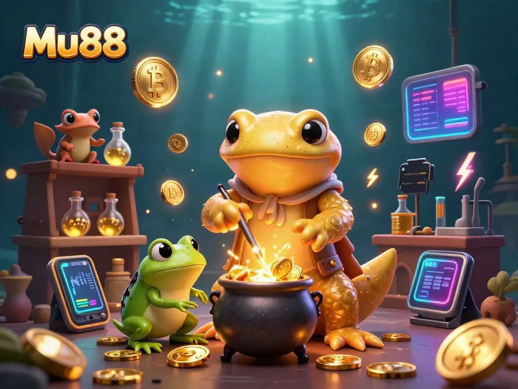 Experience the thrill of winning at Mu88 with a vibrant 3D illustration featuring enchanting alchemists and gold coins.