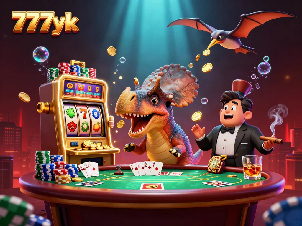 Experience the thrill of 777yk's casino with a pachycephalosaurus and golden slots, reveling in jackpot coins.