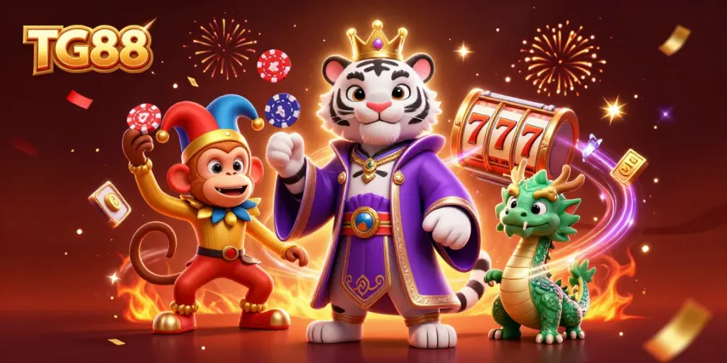 Engage with TG88's thrilling slots as a majestic white tiger and golden monkey celebrate amidst vibrant casino elements.
