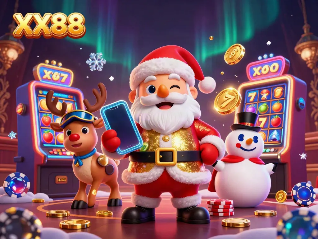 Experience euphoria at XX88 gaming with a festive 3D Santa illustration surrounded by slot machines and jackpots.