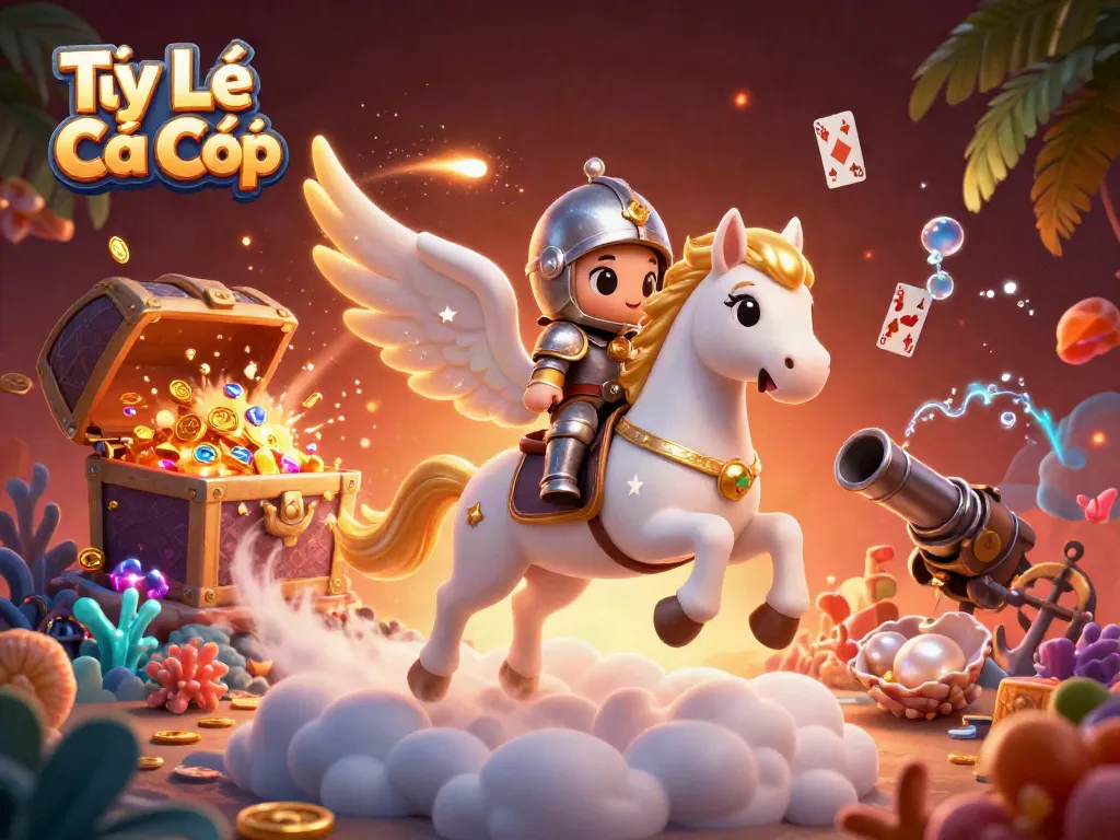 Engage in thrilling Tỷ Lệ Cá Cược action with a celestial horse and knight amidst treasure and gaming elements.